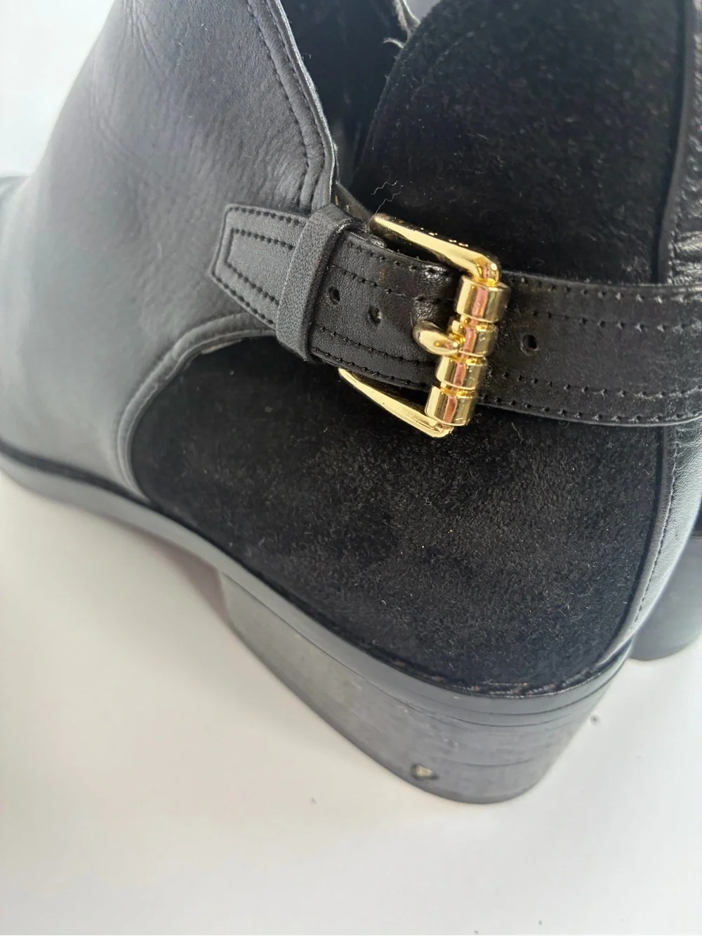 Cole Haan Black Preppy Leather & Suede Ankle Boot with Gold Buckle Size 6.5